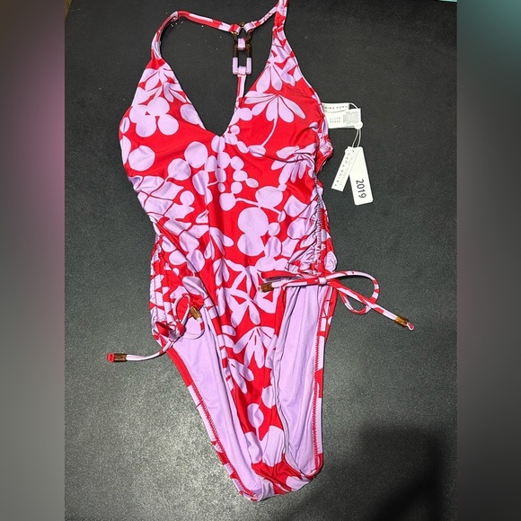 Trina Turk Bali Blossom Red Lavender High Leg One Piece Swimsuit $154 - Picture 8 of 9